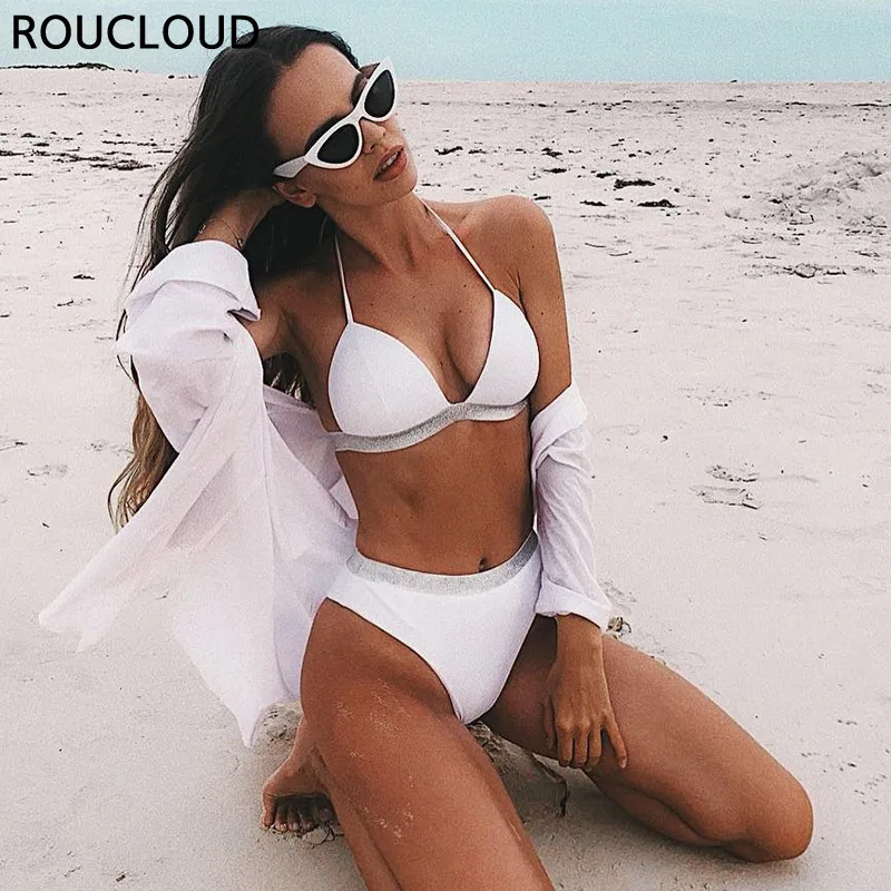 

Black White High Waist Bikini 2019 Swimsuit Women Swimwear Push Up Halter Bikini Set Bather Bathing Suit Beach Wear Female