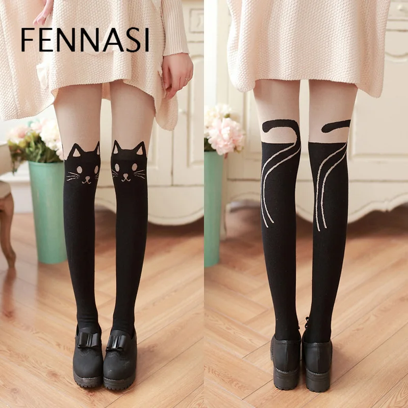 

FENNASI Women's Tights Cute Cat Lolita Patchwork Black Pantyhose Warm Nylons Lady High Waist Print Tights Crotchless Pantyhose