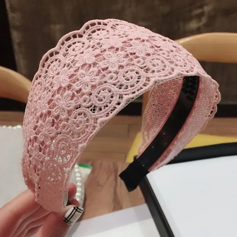 Pink Женские широкие резинки для волос одноцветная ткань кружева цветок повязка на голову обруч для волос полоса дамы девушки аксессуары для волос - Цвет: Pink