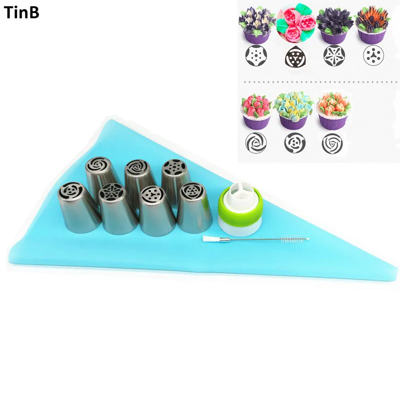 

10pcs/Set Big Russian Tulip Pastry Tips 1 Pcs Silicone Bag 1 Nozzles Brush 304 Stainless Steel Cream Piping Nozzles Cake Tools