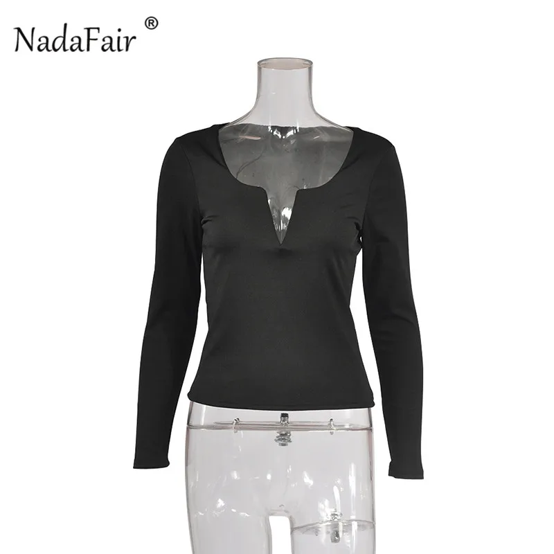 Nadafair black white red long sleeve casual t shirts women teens autumn v neck slim sexy tops 2018 new arrival solid t-shirts