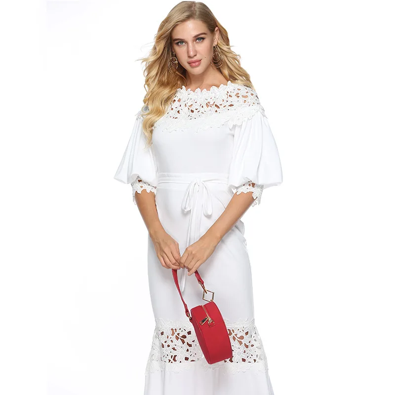Летнее платье Для женщин элегантные пикантные халат выдалбливают Резные Белое Кружевное Платье Винтажный фонарь с коротким рукавом Пэчворк вечерние платье