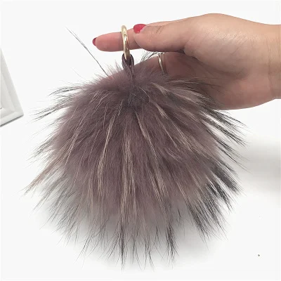 purple leather strap Пушистый шар из натурального Лисьего меха большой 15 см помпоны натуральный мех помпон кожаный ремешок брелок кольцо подвеска для женщин Шарм f278 - Цвет: purple leather strap