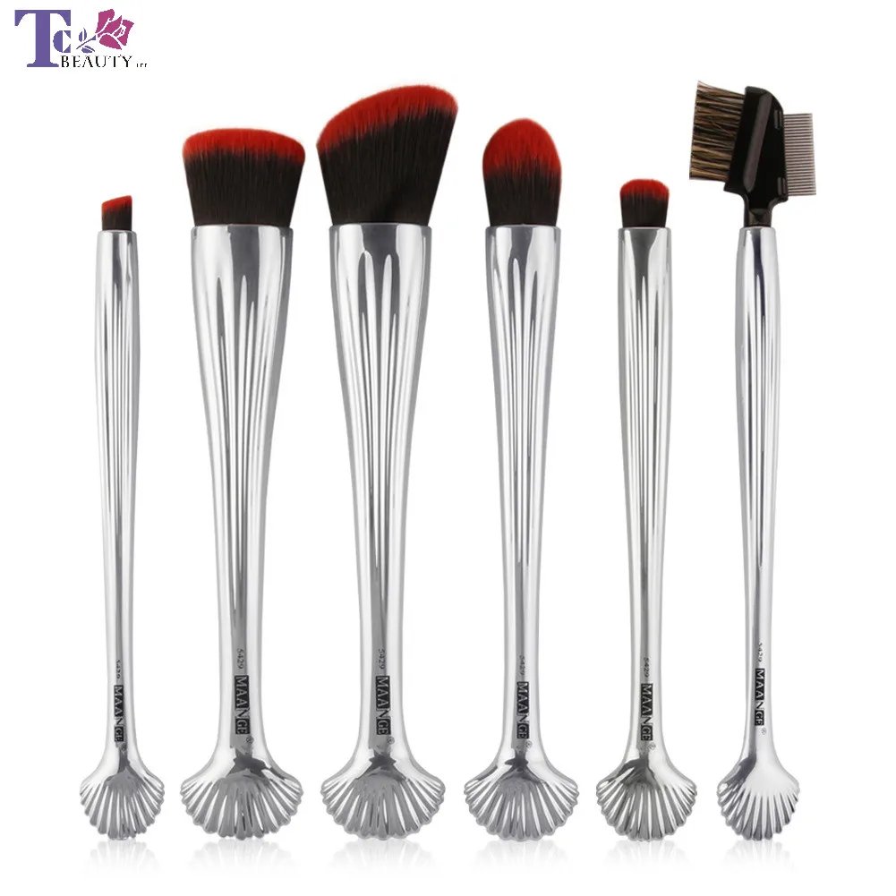 

6PCS Silver Shell Makeup Brushes Beauty Tools Leather Case Eye Shadow Blending Eyeliner Eyelash Eyebrow Brushes Make Up Cosmetic