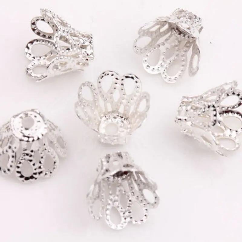

100PCS Silver Bead Caps Silver Plated Flower Bead Caps Findings Filigree Flower Cup Shape For DIY Jewelry Making 7mm