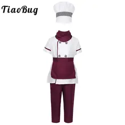 TiaoBug унисекс дети Шеф повара Форма Кухня куртка для повара с брюки для девочек фартук нагрудник комплект обувь мальчиков девоч