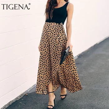 

TIGENA Fashion Long Maxi Skirt Women 2020 Summer Belt Split High Waist Skirt Female Polka Dot Print Beach Sun Skirt White Khaki