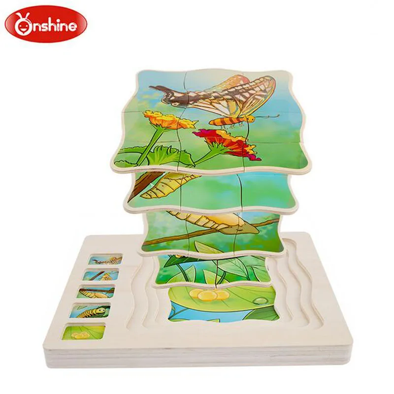 

Onshine Wooden Cartoon Frog Butterfly Animal Growth Baby Intellectual Puzzle Board Child Early Education Puzzle Multilayer Toys