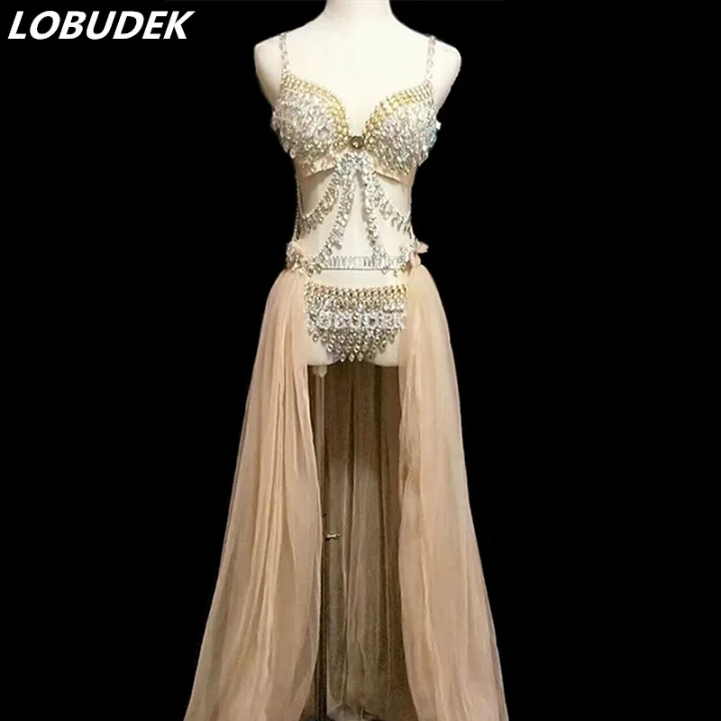 

Bling Rhinestones Bikini Long Trailing Set Women Costume Bar Singer Stage Outfit Models Catwalk Crystals Bra Sexy Dance Costumes