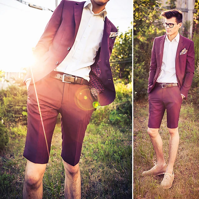 Summer Burgundy Men Wedding Suits 2018 Slim Fit Suit Shorts Jacket Red