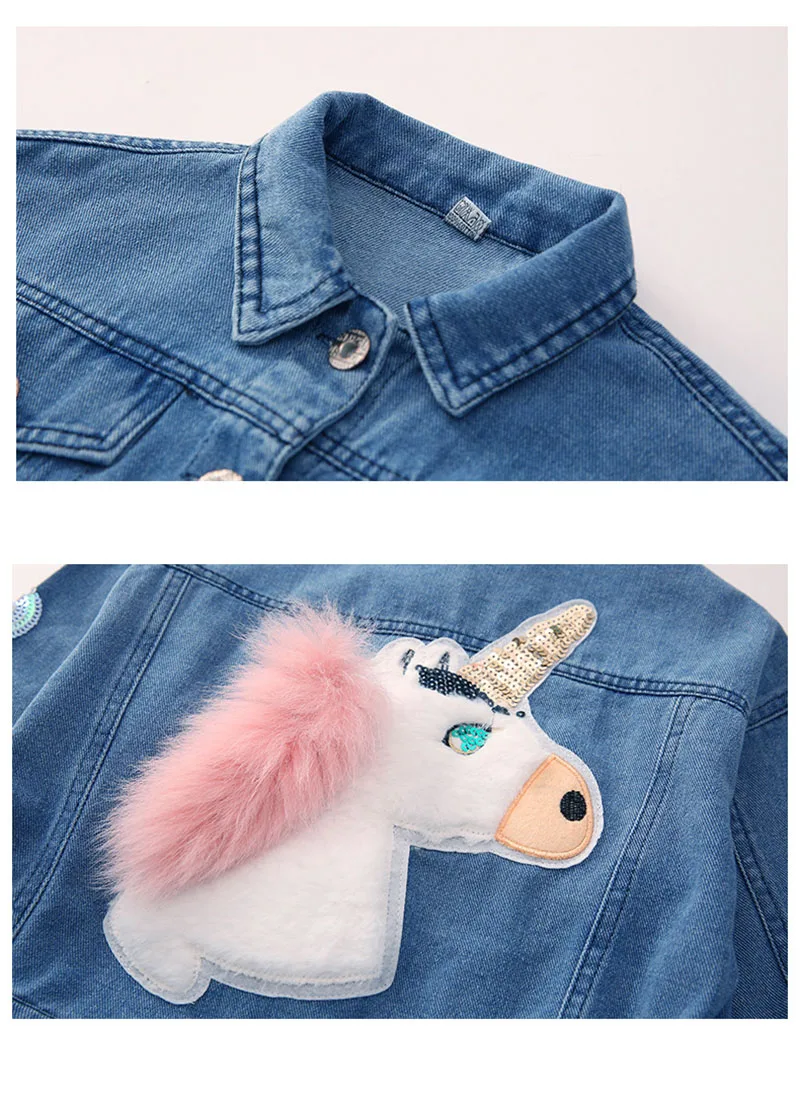 Unicórnio de Lantejoulas Jaqueta para Meninas Outono do Bebê Denim Cabolsas Crianças Roupas Meninas Outerwear Jean Jaquetas Criança 17 casacos crianças roupas outono do bebê meninas