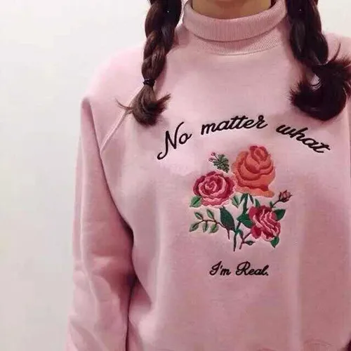 Женская толстовка ulzzang в винтажном стиле Harajuku эксклюзивная на заказ в стиле ретро с высоким воротником из флиса с вышитыми розами для женщин - изображение