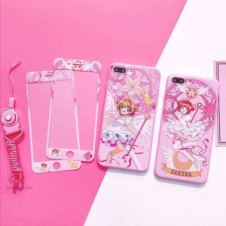 

For iphone X Cardcaptor Sakura Case +Tempered Glass Screen film ,Pink Sailor Moon case for iphone 6 6S plus 7 7plus 8 8plus Case