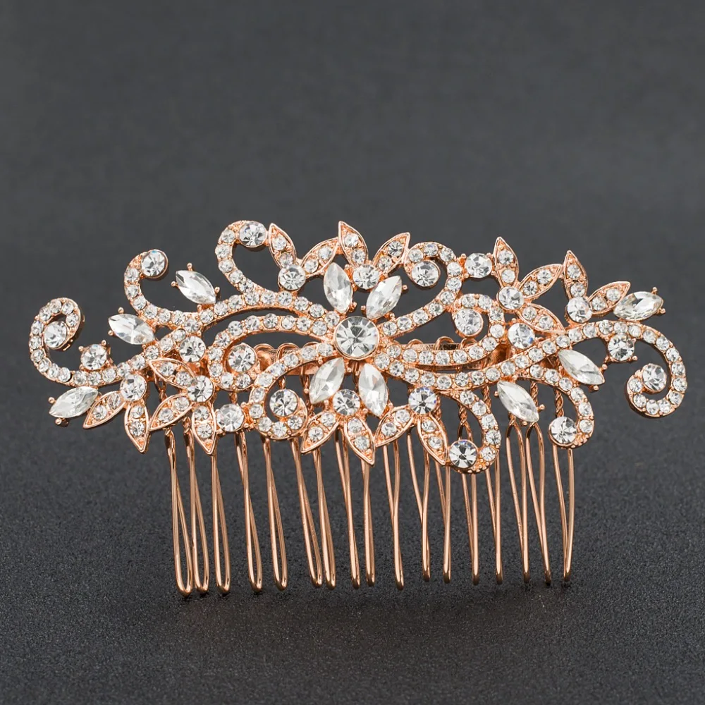 Rose Gold Rhinestone Crystals Leaves Wedding Bridal Hair Side Comb