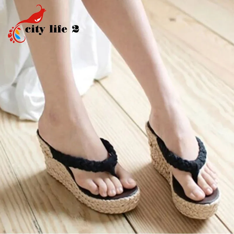 2015 New Wedges Sandals font b Woman b font Vintage Bohemia Flip Flops Straw Summer Shoes