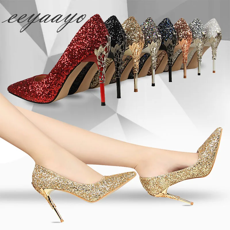 2019 New Spring Women Pumps High Thin Heels Pointed Toe Metal Decoration Sexy Bling Bridal Wedding Women Shoes Gold High Heels