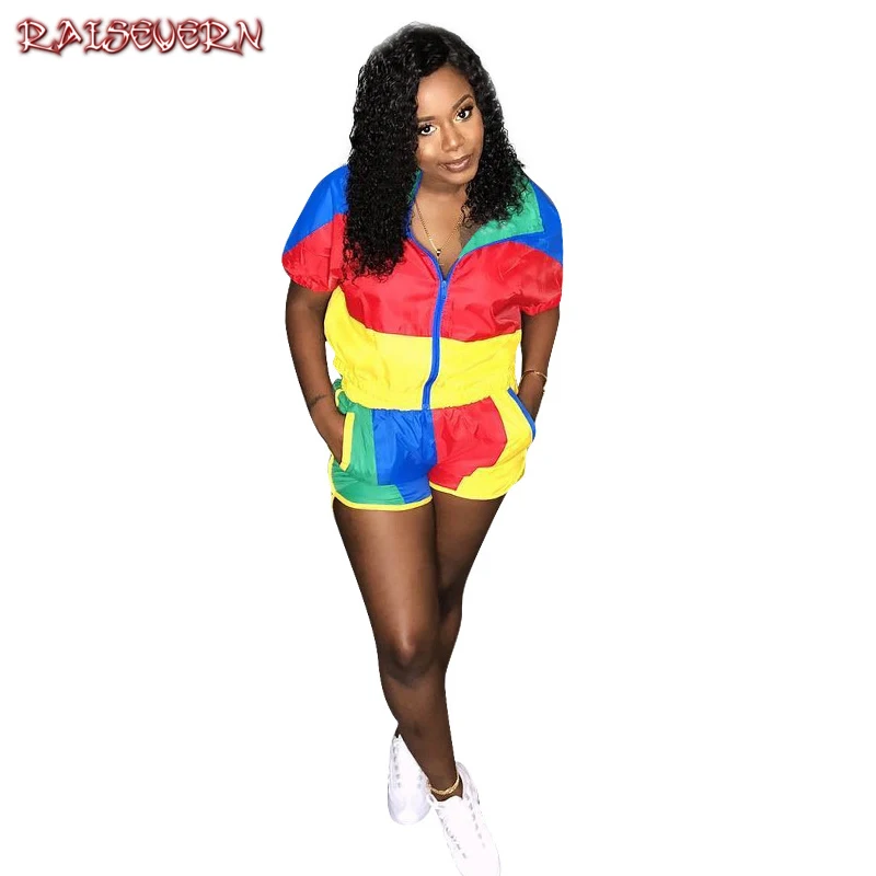 

RAISEVERN Summer Patchwork Tracksuit Women Two Piece Set Short Sleeve Top Pant SweatSuit Sexy Jogger 2 Piece Outfits Sets 2019