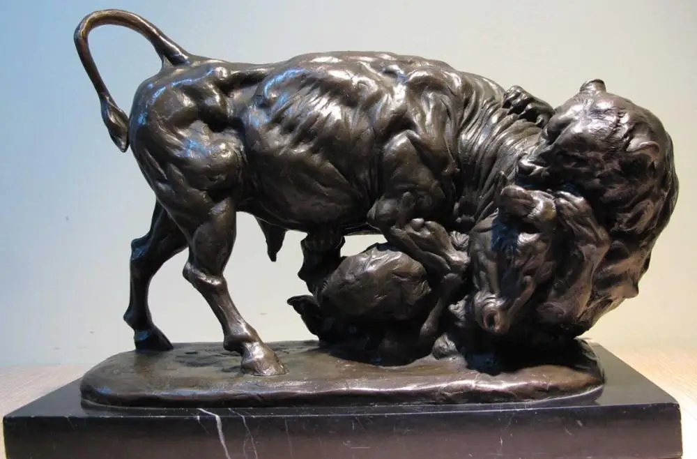 

free shipping Western Art Decor Bronze Sculpture Bear Eat Bull OX Marble Base Statue Figurine