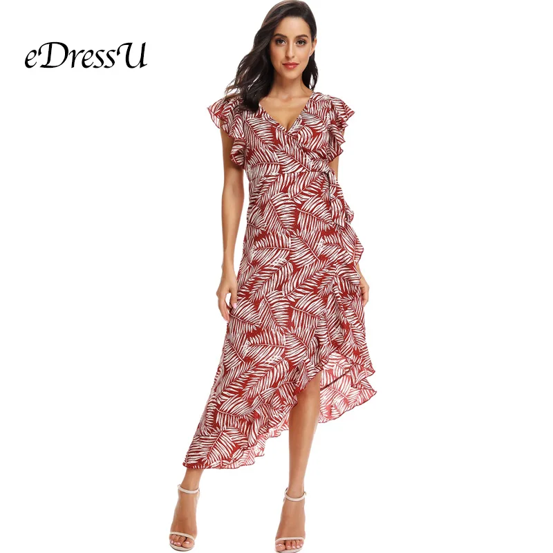 

2019 Woman Print Summer Dress V cut High Low Red Pattern Holiday Vocation Beach Dress eDressU HZ-212