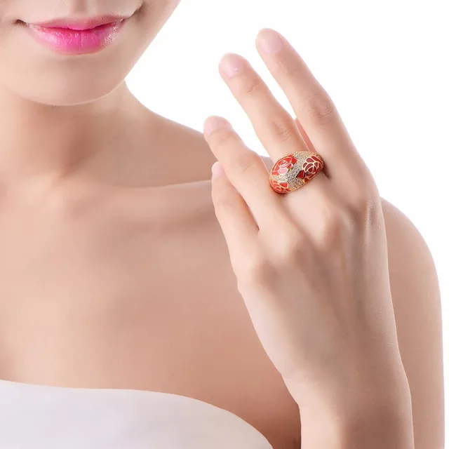 CHUKUI Wholesale Simple Gold Jewelry Men Rings For Women Copper Wedding Band Red Enamel Rose Flower Crystal Rhinestone Ring