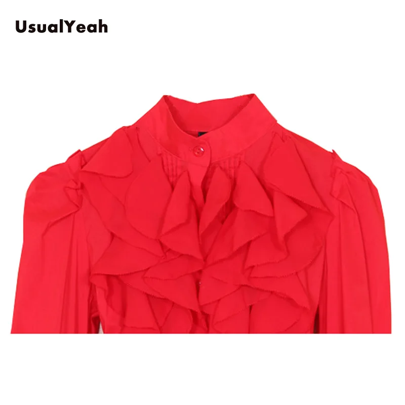 UsualYeah, новая весенняя женская мода, OL, воротник-стойка, оборки, рукав-фонарик, блуза, рубашки S-M-L-XL, SY0133, белый, красный
