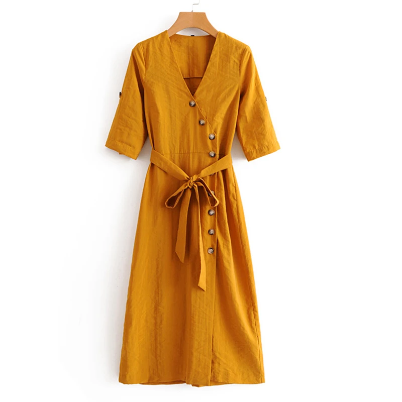 Women's Clothing Dress 2019 Yellow V-Neck Sashes Diagonal Button Dress
Ms Summer Street Sexy Slim Fit Temperament Clothing