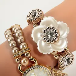 Новый стиль женские искусственный жемчуг горный хрусталь кварцевые наручные часы 1,1 "циферблат женский браслет-цепочка Круглый Циферблат