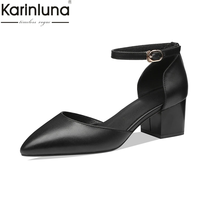 

KarinLuna Fashion elegant genuine leather big Size 33-43 chunky Heels elegant shoes woman pumps cow leather pumps woman shoes