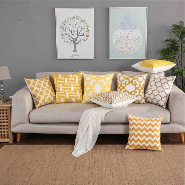 

Home Decor Embroidered Cushion Cover Yellow Geometric Canvas Cotton Square Embroidery Pillow Cover 45x45cm Pillow Sham