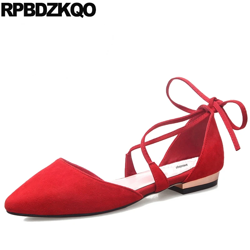 

Flats Large Size Women Ladies Chinese Low Heel Lace Up Beautiful Suede Knot Wedding Shoes Red Pointed Toe China Latest Fashion