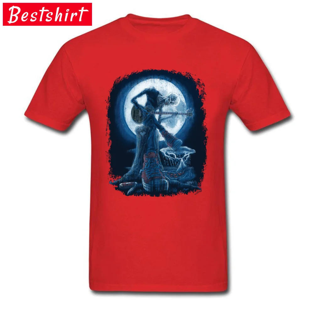 Custom Normal Tops Shirt for Men Hip Hop Mother Day Round Neck All Cotton Short Sleeve T-Shirt Summer Tee-Shirt Full Moon Shines On Old Guitarist Blues red