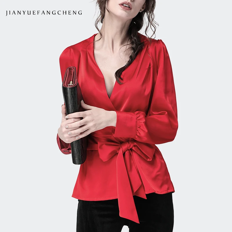 

New 2019 Spring Autumn Long Sleeve Satin Blouse Female Sexy Deep V-Neck Slim Tie Bow Waist Street Office Wear Red Black Blouses