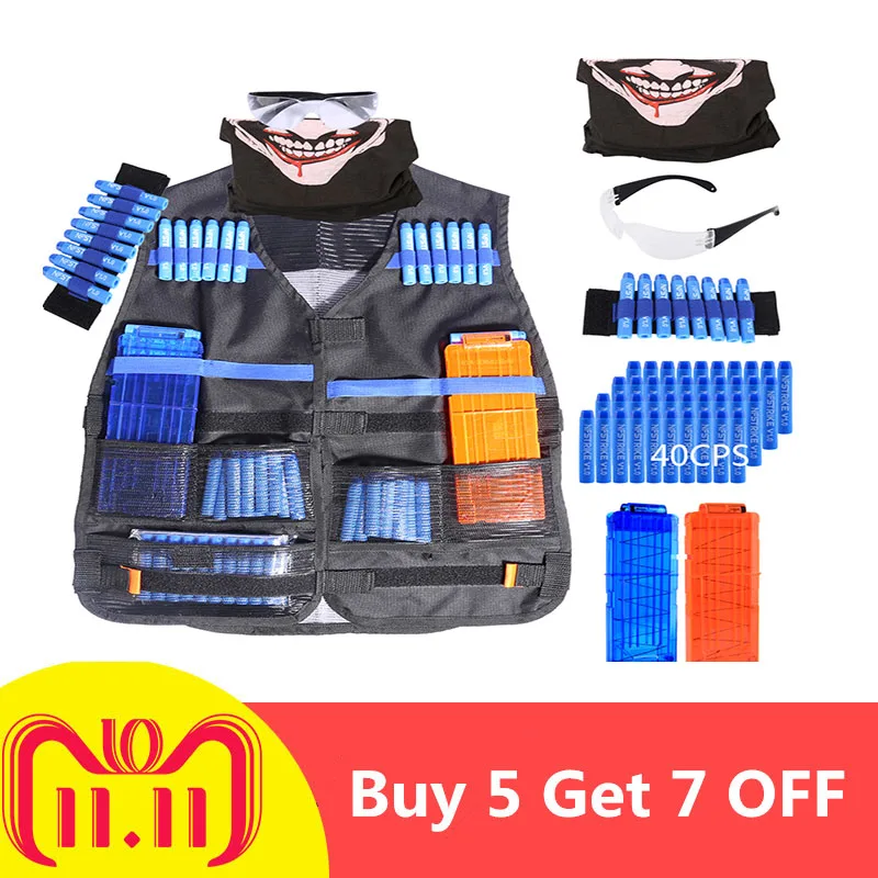 

Kids Soft Bullet Tactical part Kit For Nerf Toy Gun With 40 Refill Bullets + 2pcs 12-Bullet Reload Clips +Mask Goggles Wristband