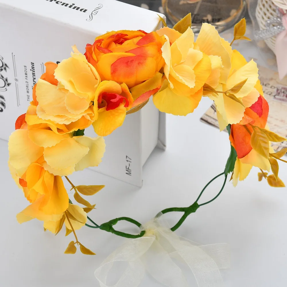 Bohemian Yellow Flower Wreath Crown Headband Ribbon Garlands