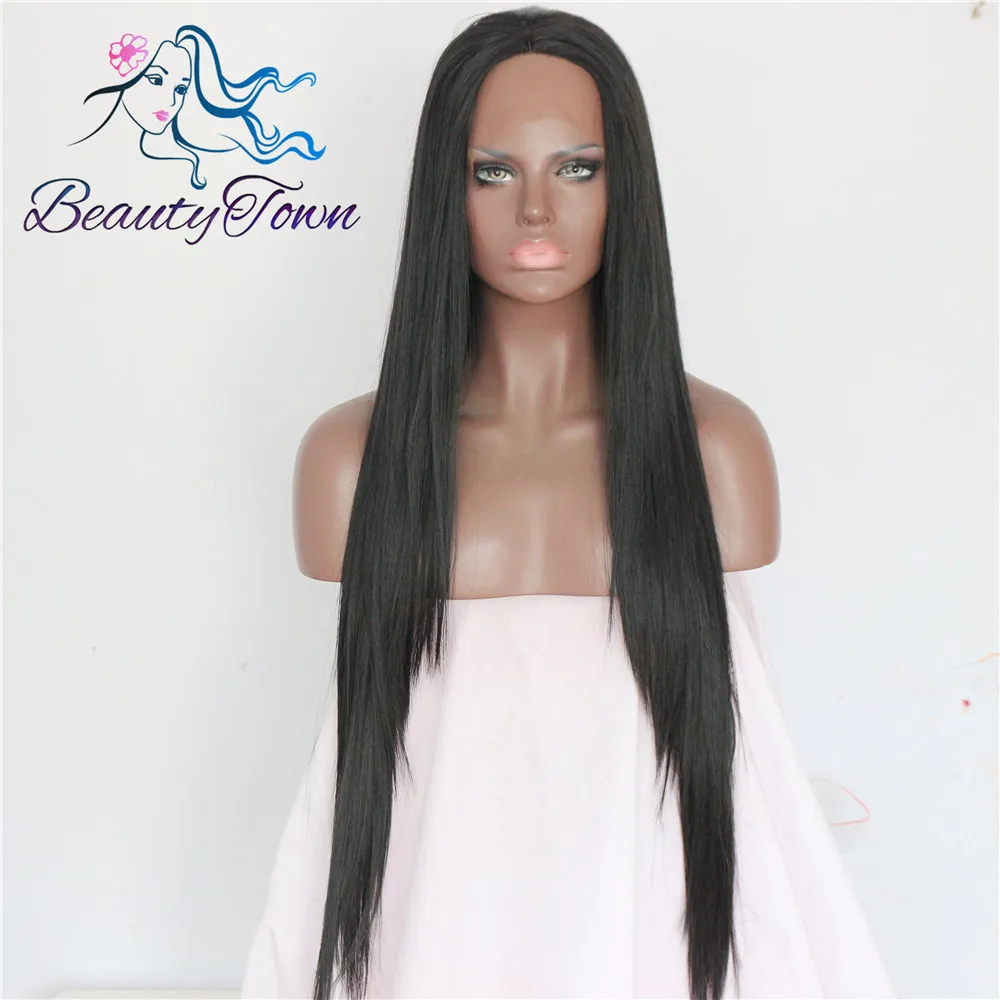 

BeautyTown Glueless Black Color Straight Futura Heat Resistant No-Tangle Fiber Cosplay Synthetic Lace Front Wig For Daily