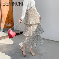 Beiyingni летние юбки с цветочным принтом 2019 Boho Harajuku юбка 3 слоя юбка средней длины, в пол Для женщин Белый Черный A-Line кекс Faldas