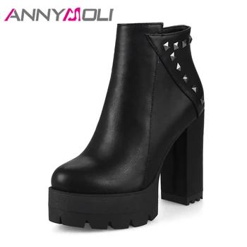 

ANNYMOLI Winter Boots Motorcycle Boots Shoes Rivets Block High Heel Platform Boots PU Leather Zipper Red Black Plus Size 9 10