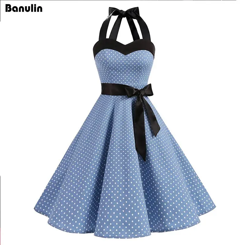 

Woman Dress 2018 Summer Halter Vintage Red Black Polka Dot Dress Retro Cocktail Party 50s 60s Rockabilly Bandage Swing Dresses