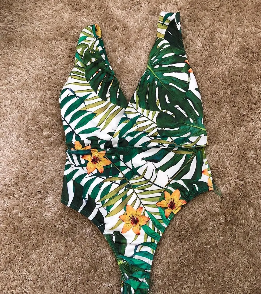 Тропический стиль цельный купальник для женщин с принтом листьев Купальники пуш-ап летний купальный костюм Глубокий V Монокини боди