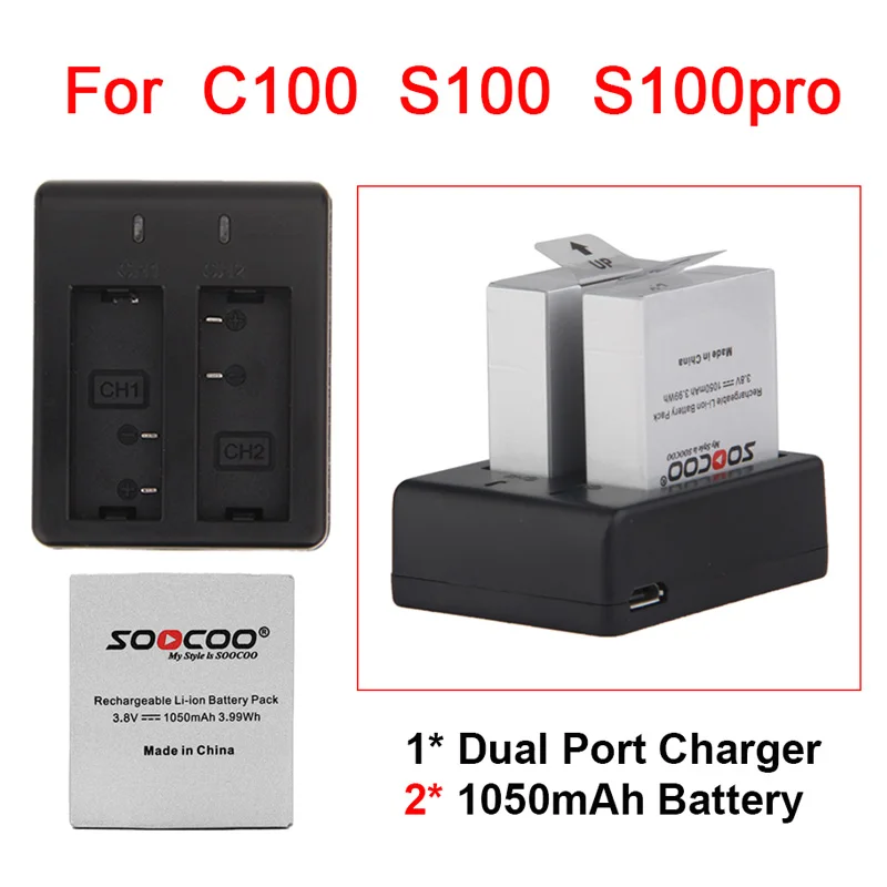 2 шт. оригинальный soocoo Батарея & двойной Зарядное устройство для C10 C10S C10SR C20 C30 C30R C50
