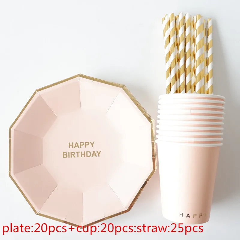 

65pcs/set Gold Foil Pink Disposable Tableware Christmas New Year Party Paper Plates Cups Birthday Party Supplies Plastic Straws
