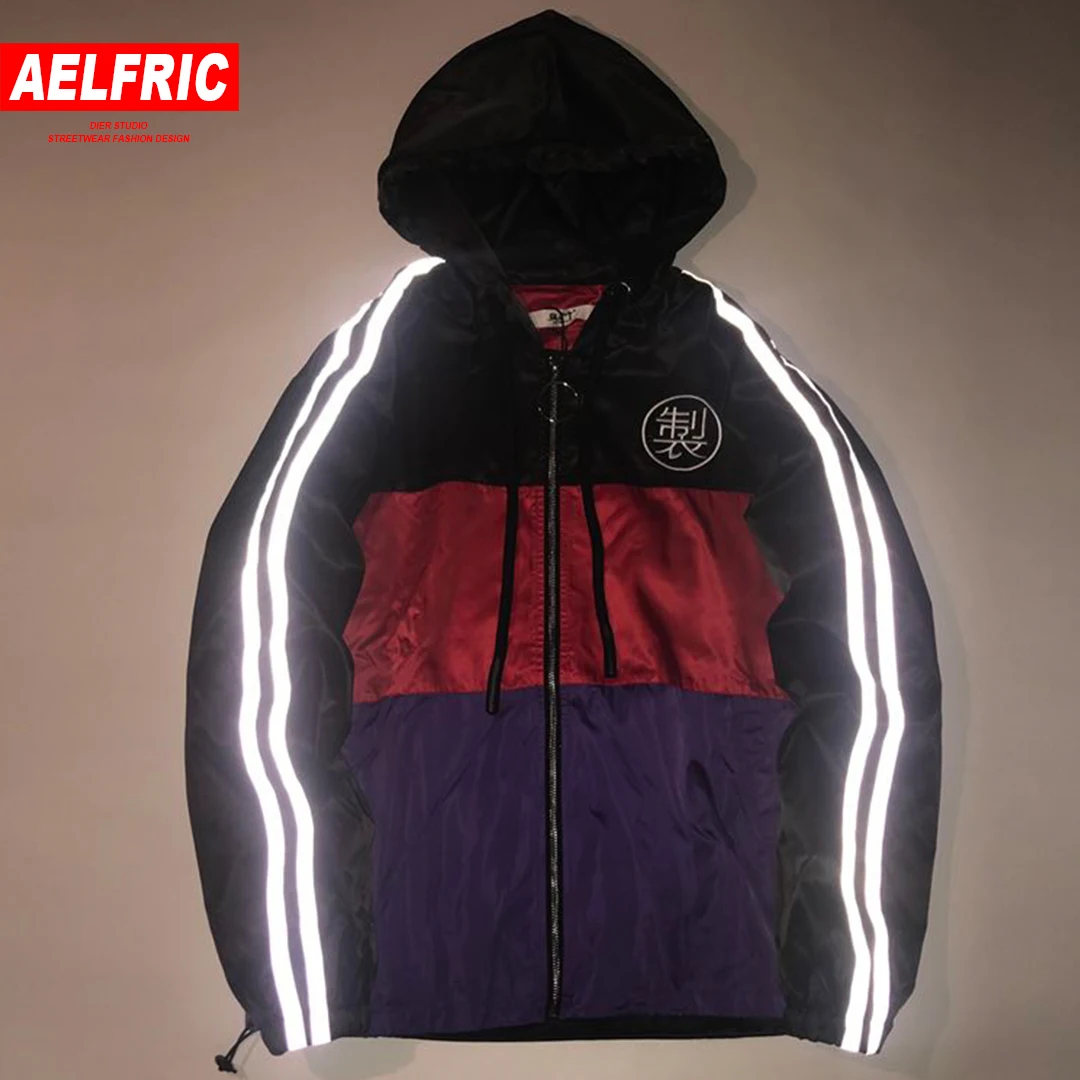 

AELFRIC Striped Reflective Patchwork Windbreaker Jackets Coats Thin Fashion Outwear Men Casual Streetwear Hip Hop Jacket RTY06