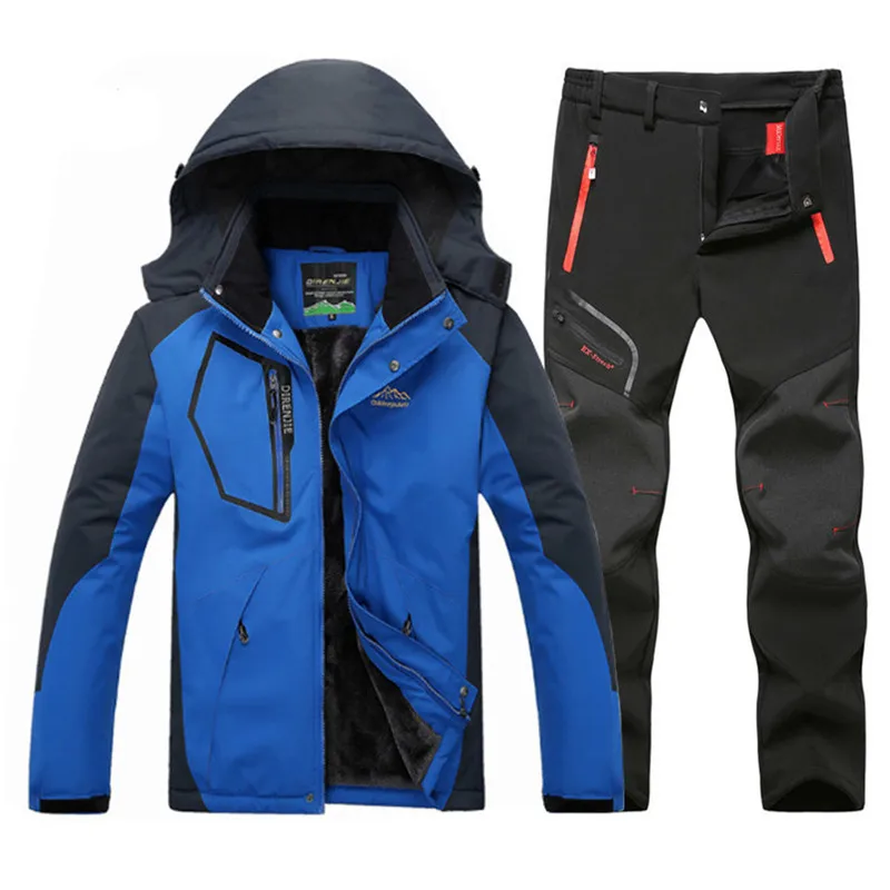 

Man Winter Windproof Fur Trekking Fishing SoftShell Outdoor Waterproof Jacket Thermal Trousers Set Camping Hiking Pant