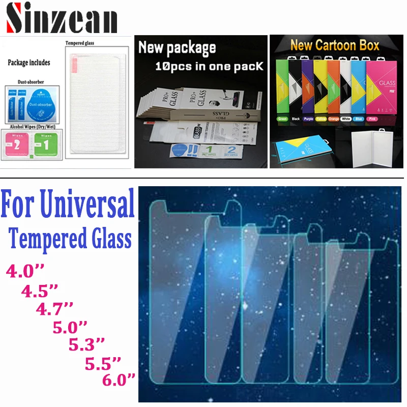 

Sinzean 100pcs For Universal 4.0'' 5.0'' 4.7'' 5.5'' 6.0'' Tempered Glass Screen Protector Film with retail package 2.5D 9H