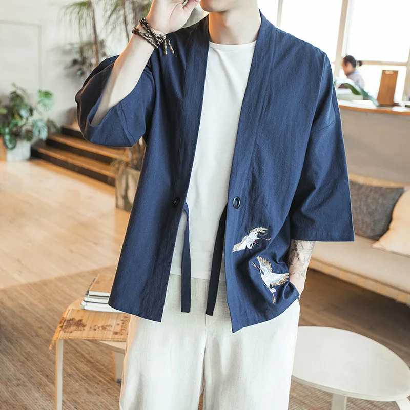 Helisopus вышивка китайской династии Хань рубашка мужская костюм традиционные рубашки кимоно Harajuku ретро мужской свободную рубашку
