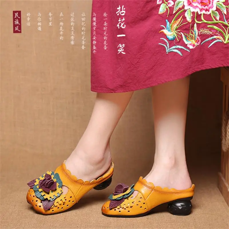 

new arrival women 2018 summer genuine leather medium heel shoes female sandals handmade flower slippers causal slides M-688