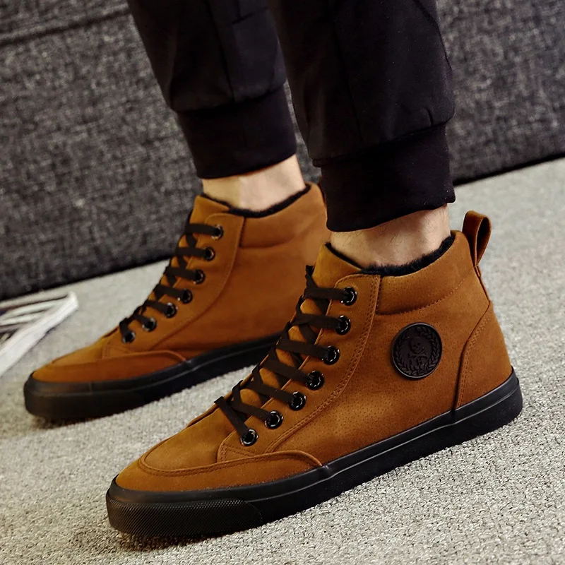 

High Top Brown Black Shoes Short Plush Keep Warm Autumn Winter Boots Men's Flats Casual Shoes Snow Ankle Boots Lace Up Botas