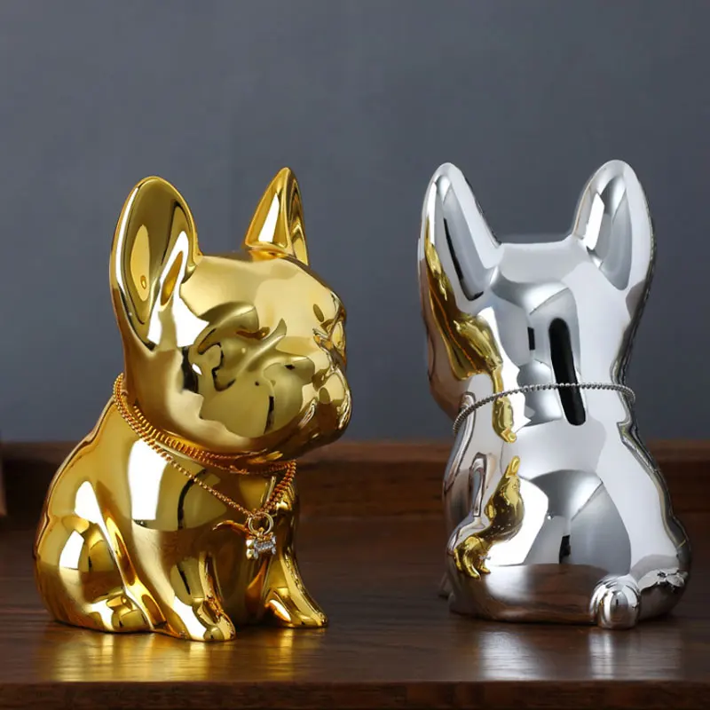 

Plating Bulldog Dog Money Boxes Imitation Dog Piggy Bank Cabinet Ornaments Family Decorative Art Coins Cash Box Kids Gift