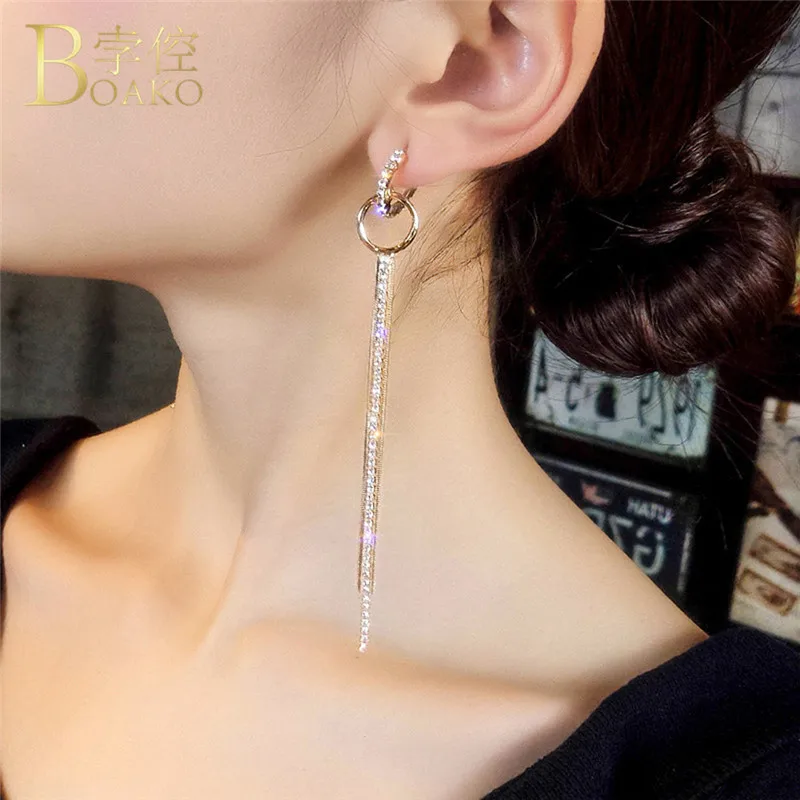 

100% 925 Sterling Silver Needle Ear Line Earrings Women Trendy Jewelry 3 Color Long Tassel Austrian Crystal Earring For Lady R5G