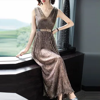 

Golden Womens Long partyDresses V-neck Dress For Women Sleeveless Women's Summer Sundress Korean Sashes Vestido De Festa